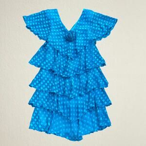 Vintage 1980s blue tiered dress rose ruffle flutter sleeve Ann Hobbs for Cattiva